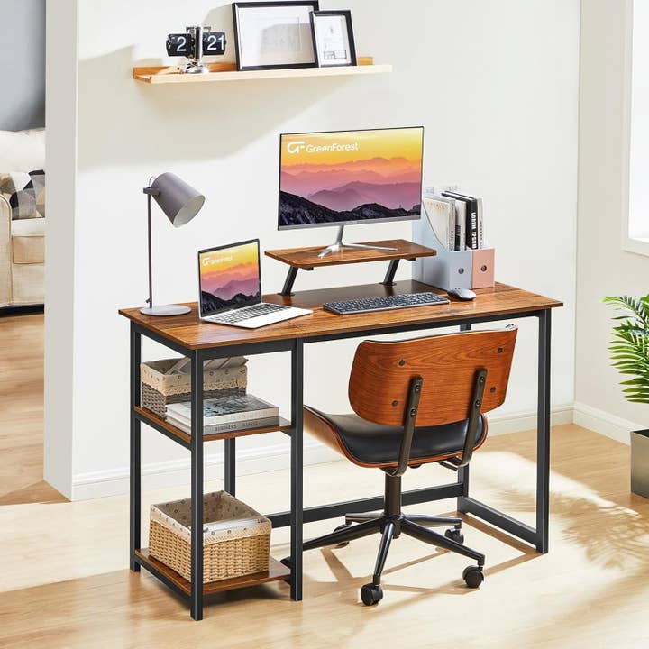Walnut Compact Computer Desk with Monitor Stand and Shelves for wholesale on Faire
