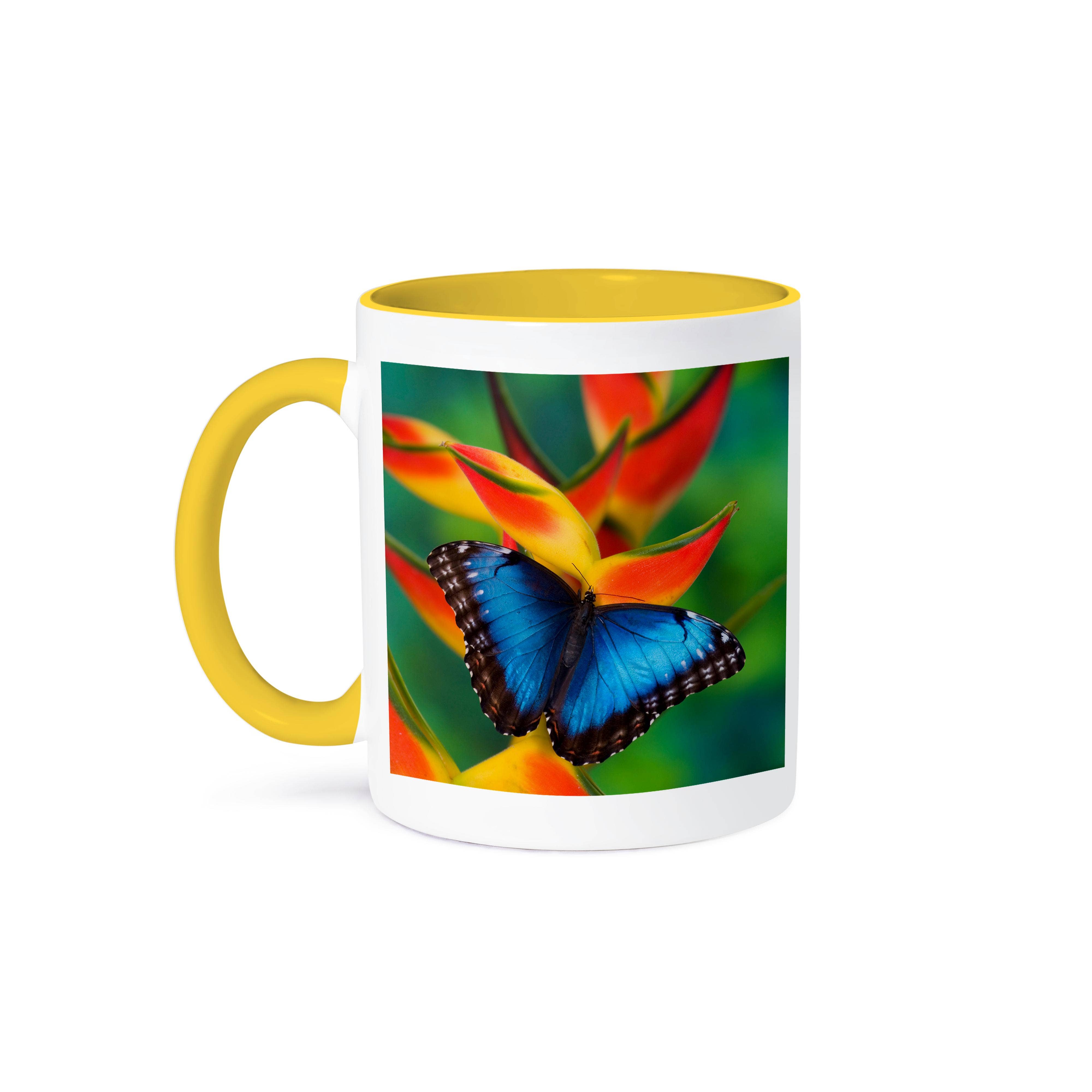 3dRose - Wholesale Coffee Mug - 3dRose, Blue Morpho Butterfly sitting on tropical Heliconia flowers, Mug0