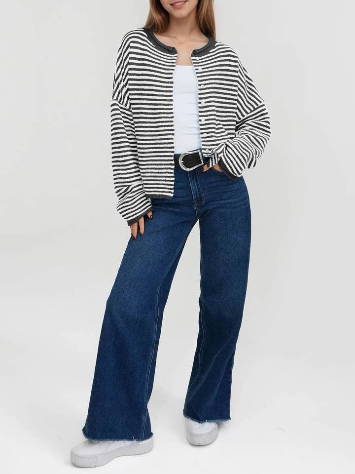 Suhkasana - Wholesale Cardigan - Women's - Striped Color Block Cardigan Sweater | Long Sleeve Casual Open Front19