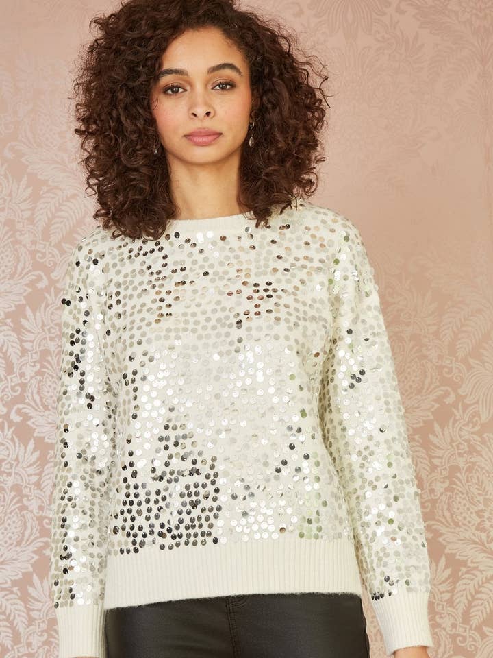 Mela Ivory All Over Sequin Relaxed Fit Jumper for wholesale by Yumi