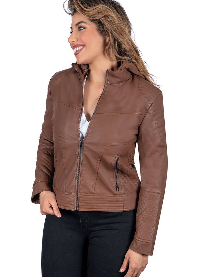 BLACK LIGHT BROWN DARK BROWN Women's PU Leather Hoodie Jackets (S-M-L-XL-2XL / 3-7-7-4-3) for wholesale on Faire