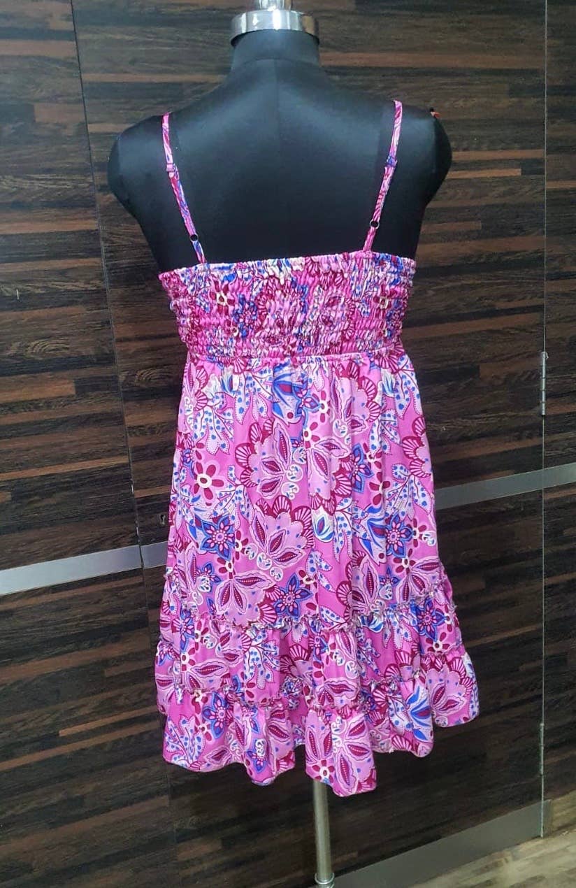 Meghcraft - Wholesale Dress - Women's - Silk Short Maxi Dresses-Smocking Back Style Silk Mini Dress3