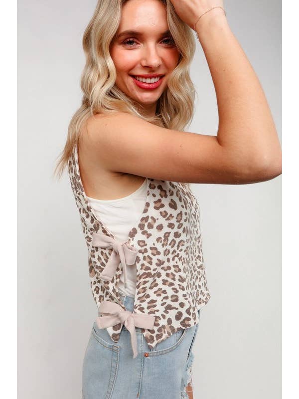 OATMEAL TAUPE Round Neck Leopard Bow Tied Top for wholesale on Faire