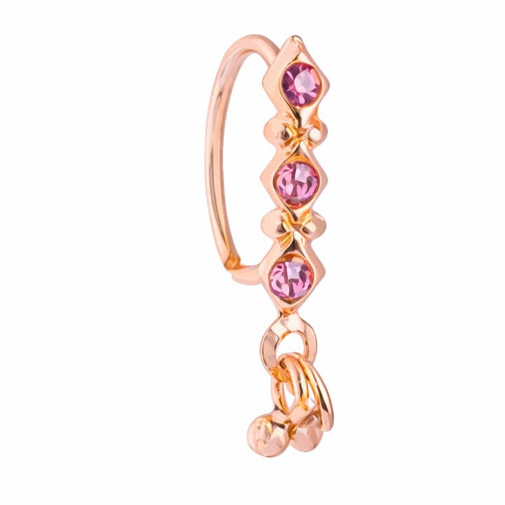 Anel de nariz em ouro rosa com três pedras rosa compridas pendentes para nariz perfurado por atacado de Ava’s Accessory Box