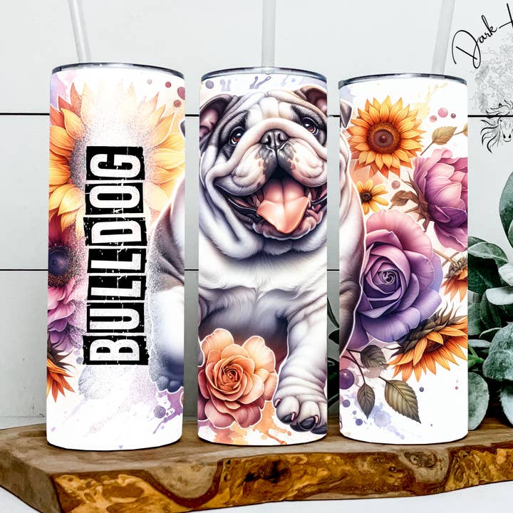 Bulldog Chien Aquarelle Florale Été Gobelet pour la vente par Dark Horse Dream Designs LLC