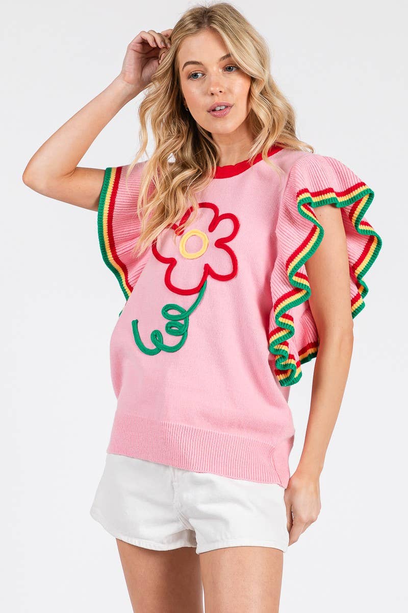 PINK FLORAL RUFFLE KNIT SWEATER TOP  for wholesale on Faire2