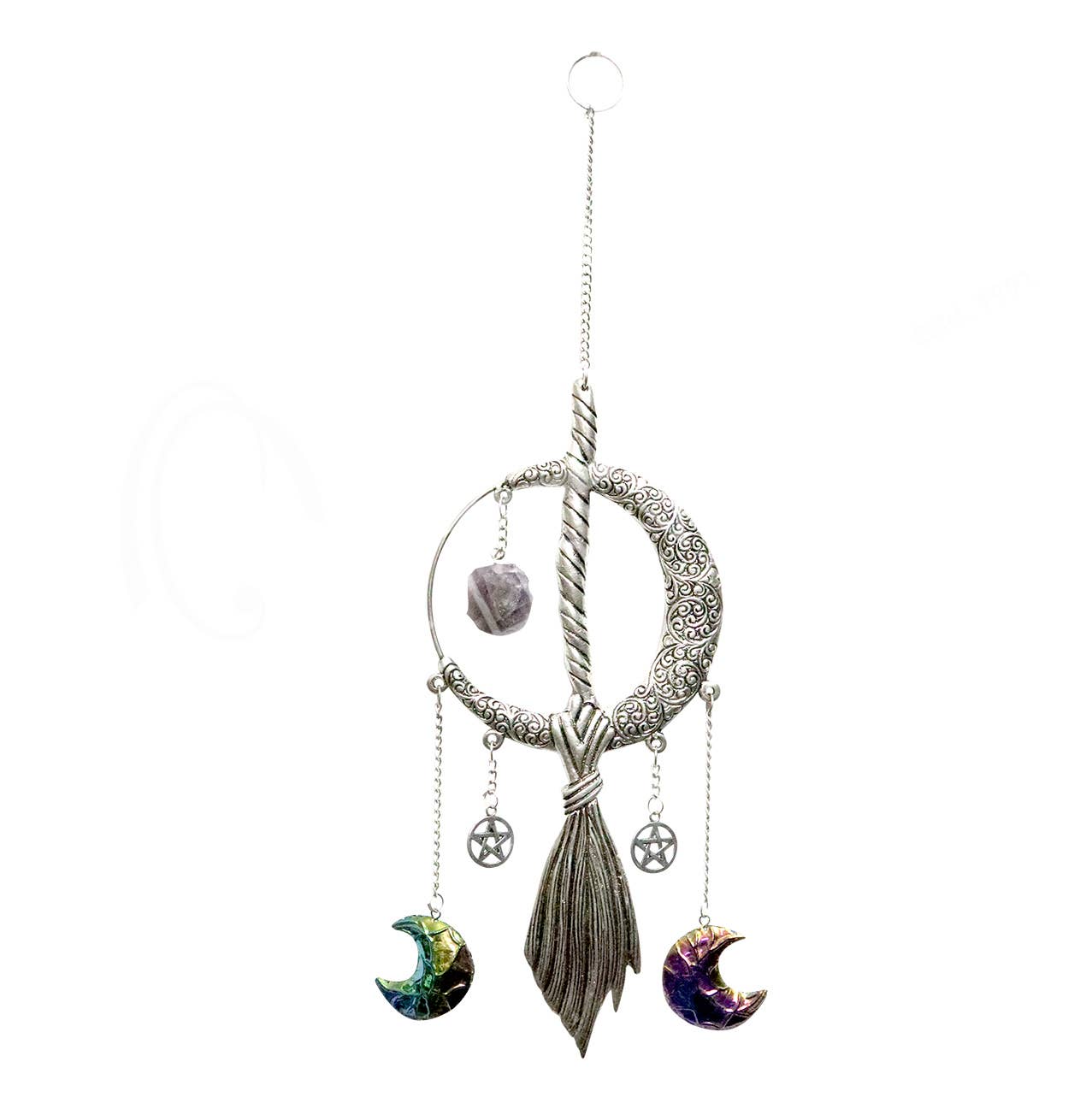 Oceanic Linkways Inc - Wholesale Mobile - (PC)HANGING - WIRE SILVER METAL MOON & BROOM 12"H X 3.5"W