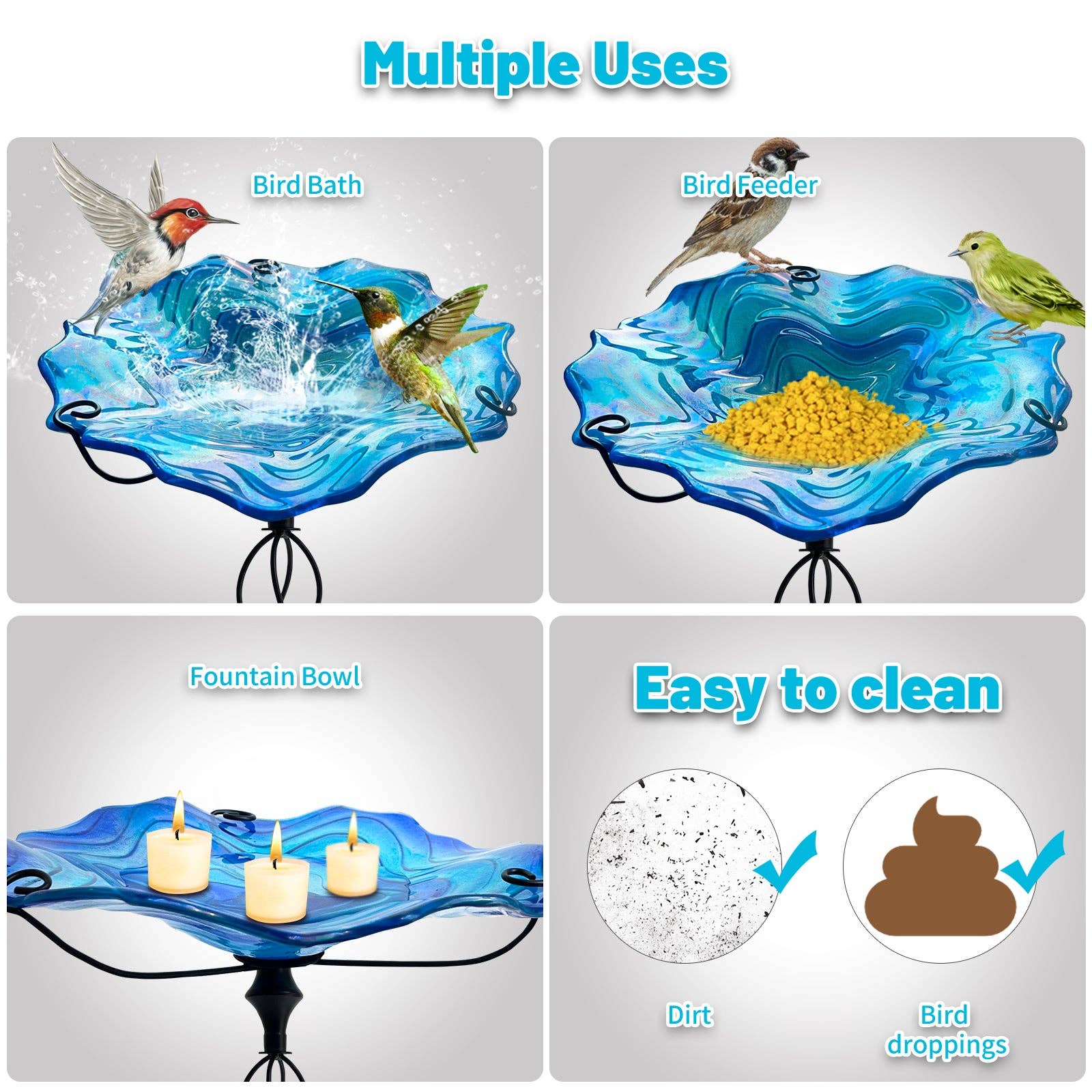Liffy - Wholesale Bird Bath - Blue Ripple Glass Bird Bath Feeder with Metal Stake2