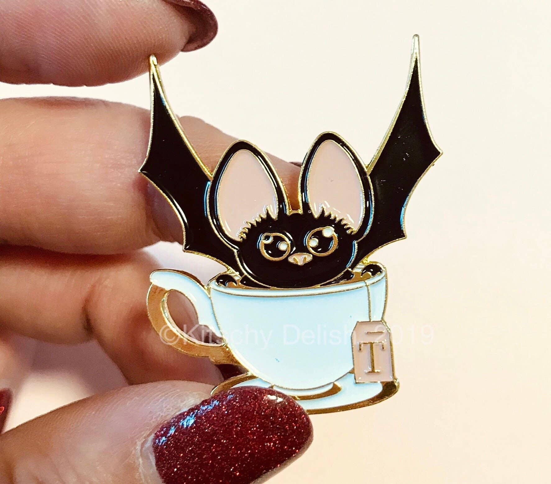 Kitschy Delish - Wholesale Lapel Pin/Button - Bat + Tea soft enamel pin!0