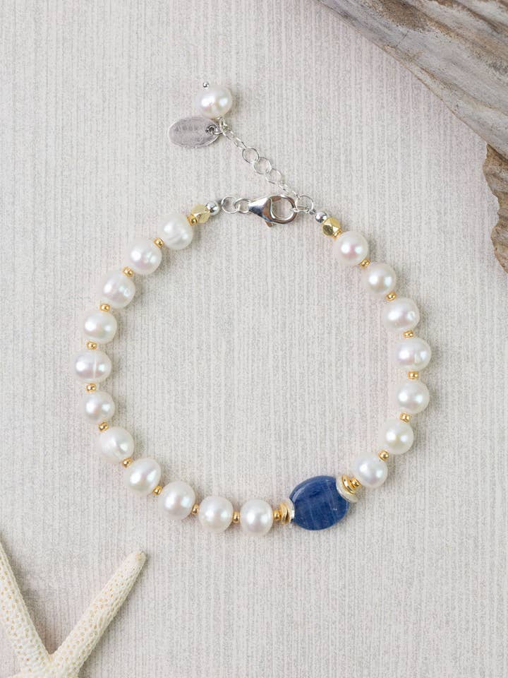 Seaside 7.5-8.5" Pearl & Kyanite Bracelet for wholesale by Anne Vaughan Designs Jewelry