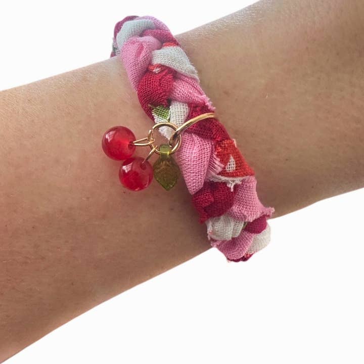 Cherry Charm Bandana Bracelet / Fruit Jewelry, Preppy Style for wholesale by Karma Cat Jewelry Co.
