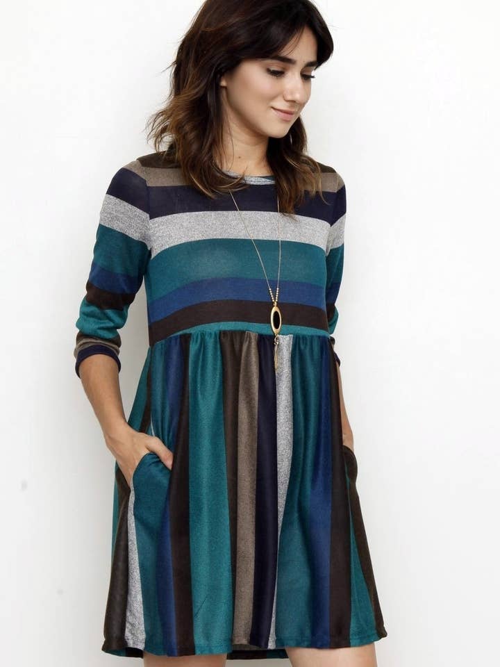 Minivestido Plus Multi Color Stripe Manga 3/4 por atacado de EG fashion