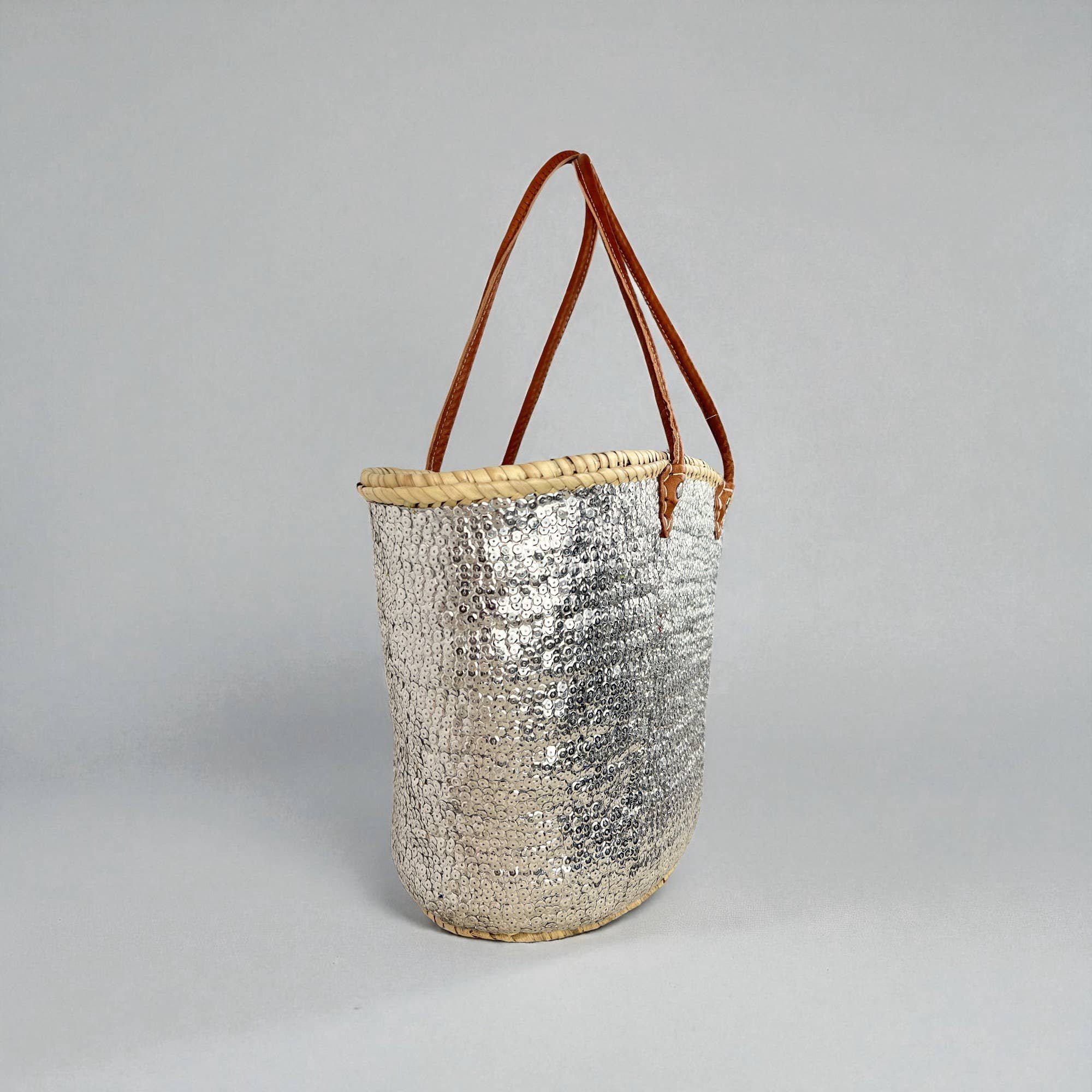 Melecraft – Engroshandel Strandtaske – Sølvglitrende palmehåndtaske, fransk markedskurv3