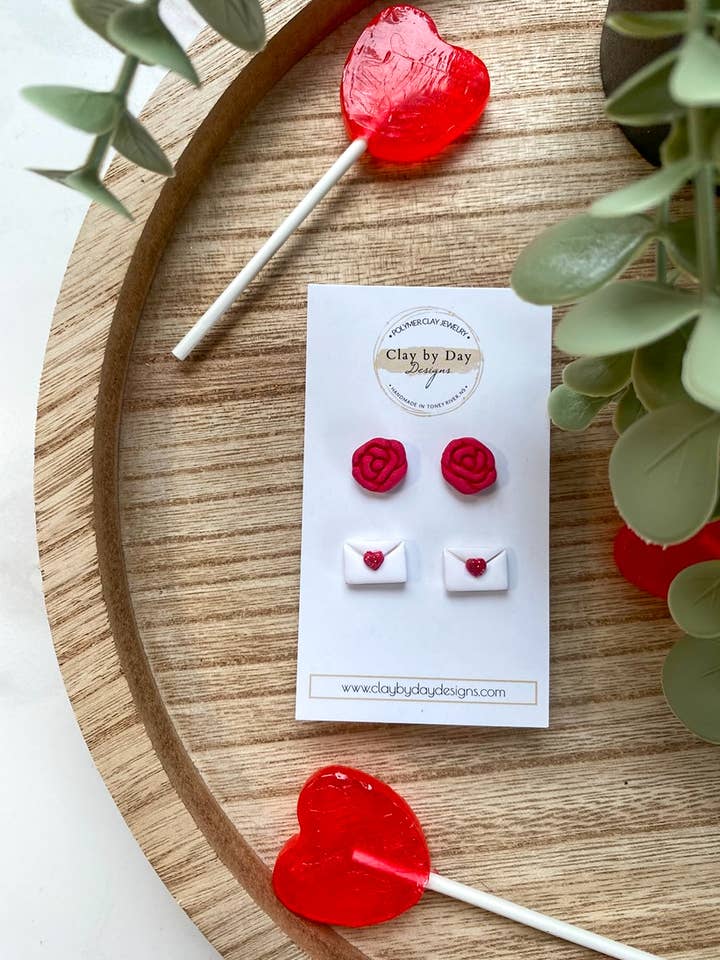 Love Letter & Rose Studs Valentines - polymer clay earrings for wholesale by Clay by Day Designs