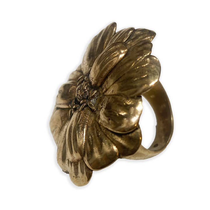 Golden Zinnia Flower Bloom Ring for wholesale by Hi Octane | SilverBotanica