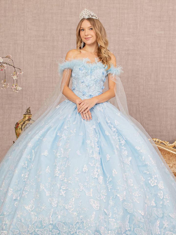 Robe de quinceanera à fleurs 3D en plumes avec couche latérale amovible en maille pour la vente par Tux-USA®