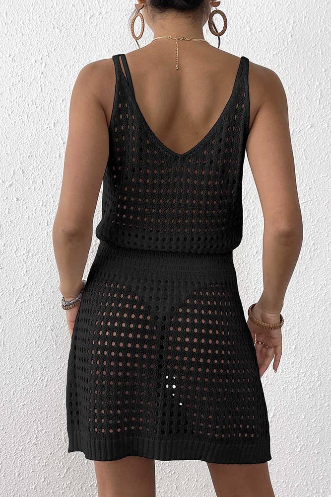 UNISHE - Wholesale Dress - Women's - Knit Waist-Tie Sleeveless Sexy Hollow-Out Beach Dress OYM15613