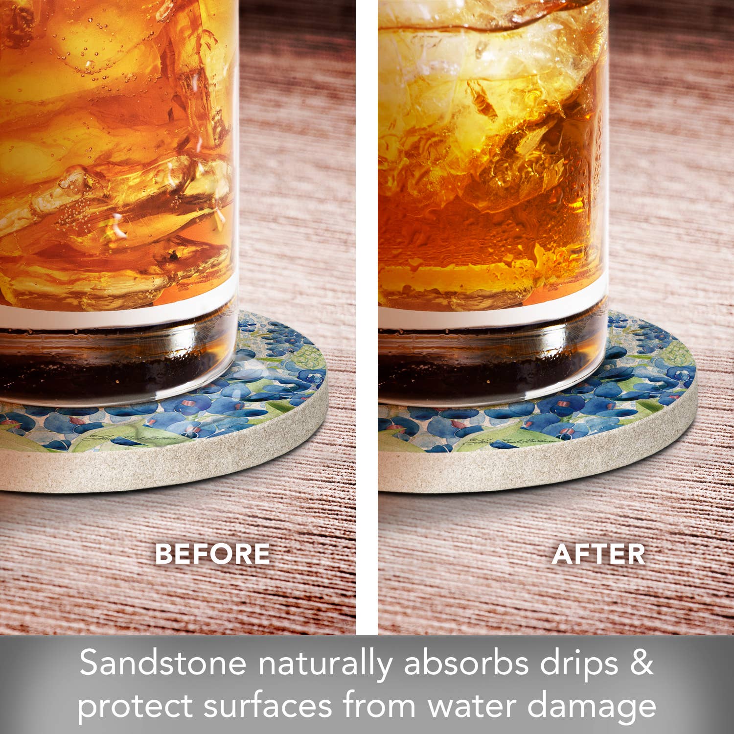 CounterArt/Highland Home/Thirstystone – wholesale Underlägg – ”Bluebonnet Field” 4pk rund naturlig sandstensunderlägg3