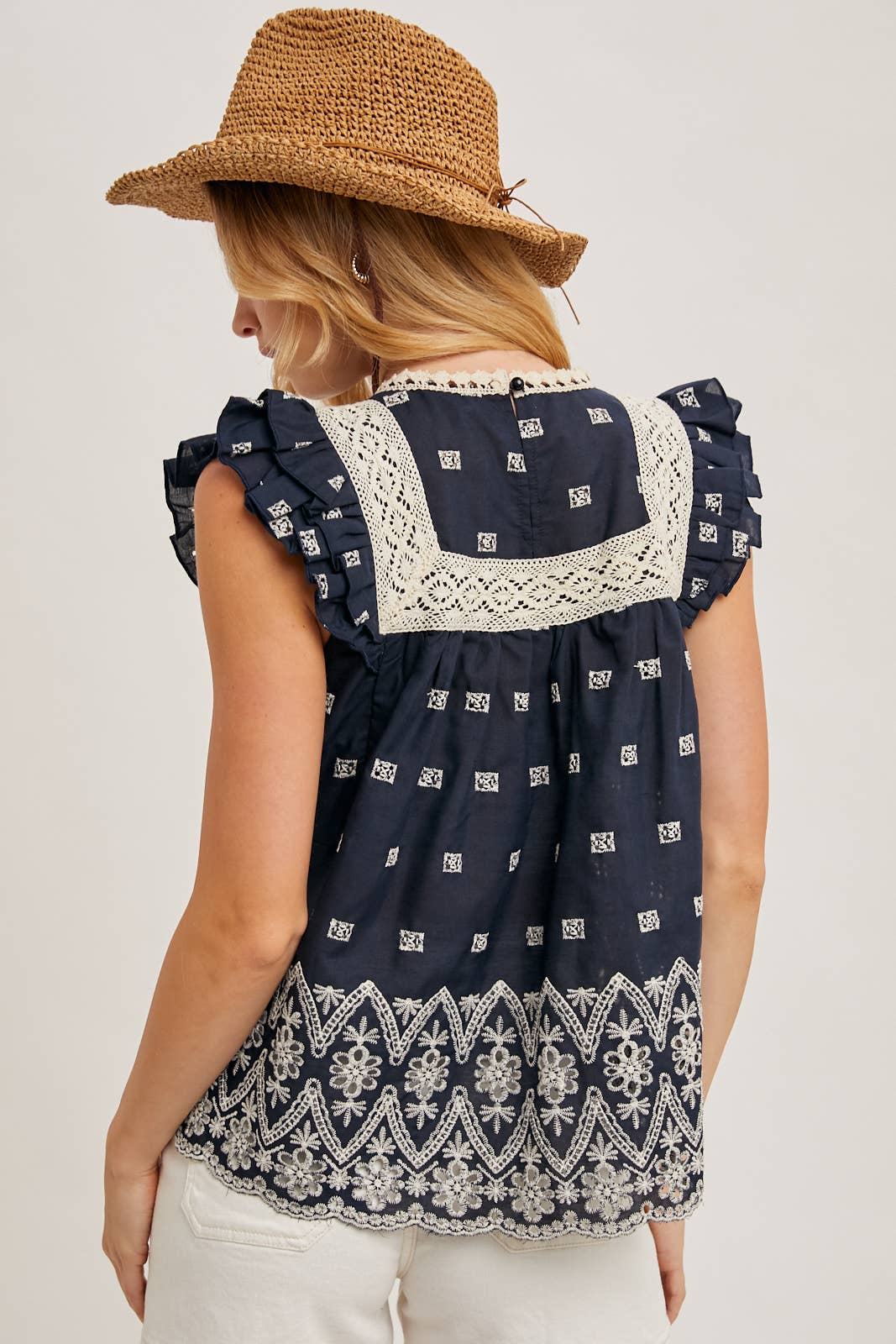 NAVY BOHO FLORAL EMBROIDERED BLOUSE TOP for wholesale on Faire6