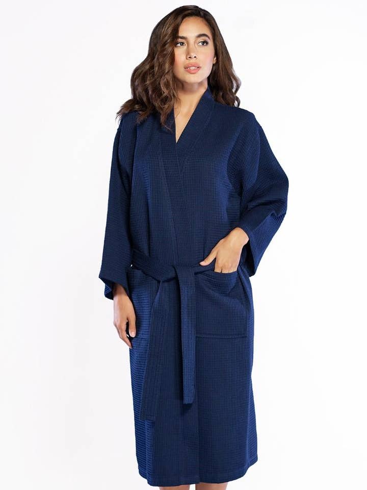 LM Brands Våffla Uni-Sex Kimono Marinblå Lång Robe Fyrkantig för wholesale av Lingerie Mart