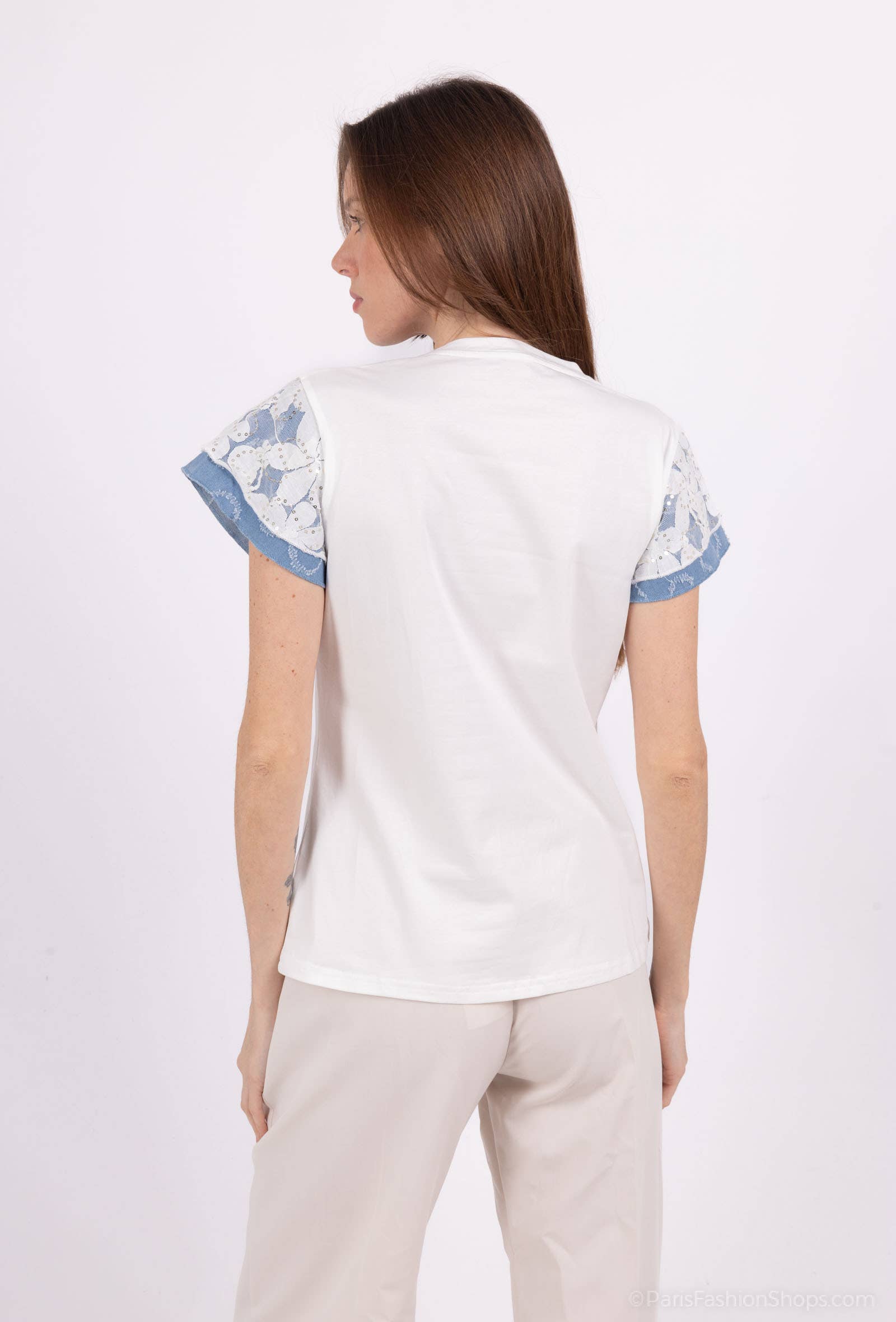 White T-shirt 95% cotton with denim pocket and lace PT2502 for wholesale on Faire3