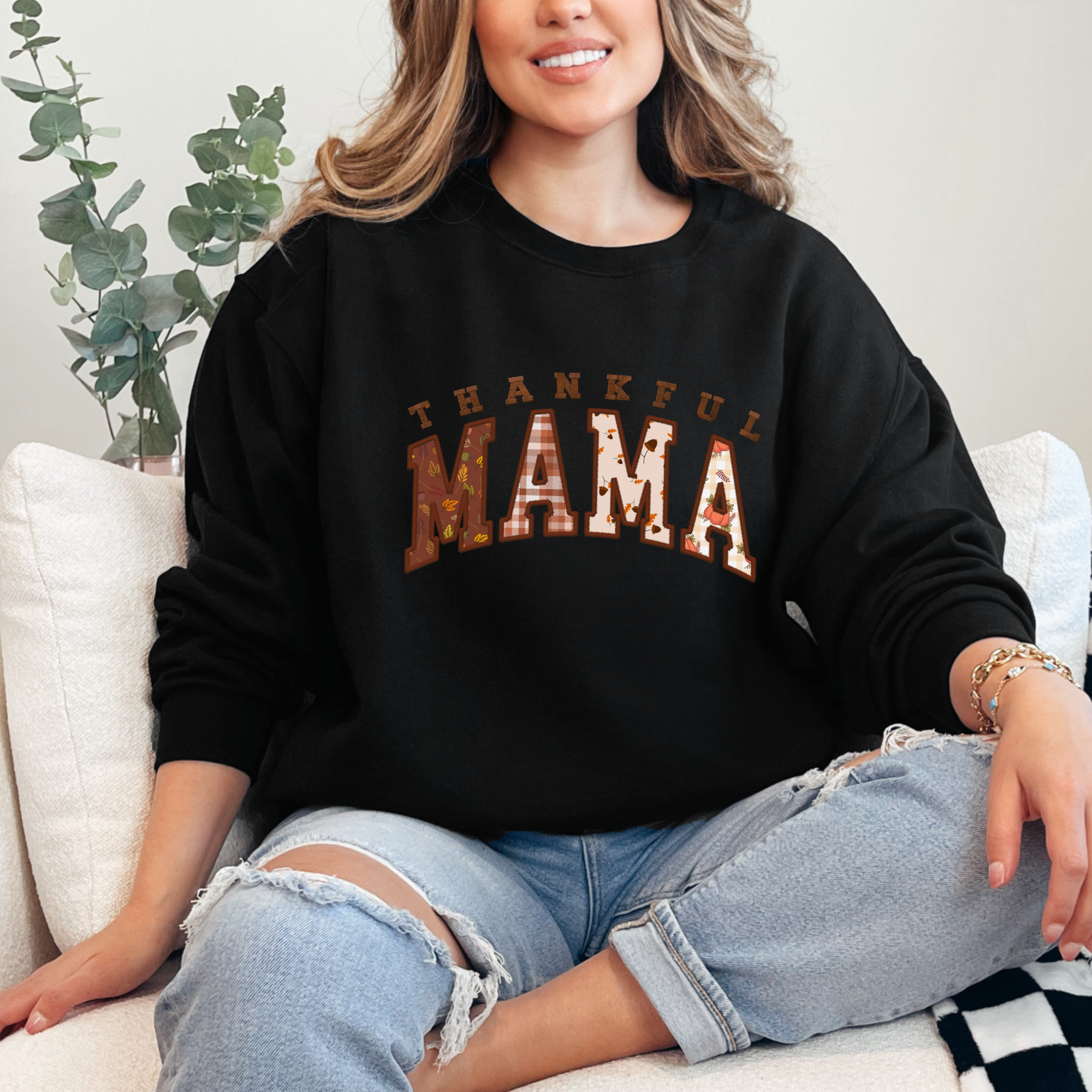 Scripted Pearl - Wholesale Sweatshirt - Women's - Thankful Mama Faux Embroidery Fall Crewneck Sweatshirt2