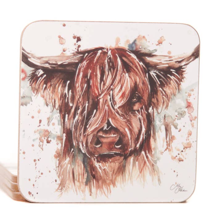 Highland Cow onderzetters met aquarelontwerp van 'The Hebrides' voor wholesale door Meg Hawkins Art