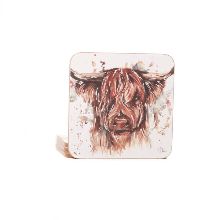 'The Hebrides' Highland Cow Watercolour Design Coasters for wholesale by Meg Hawkins Art