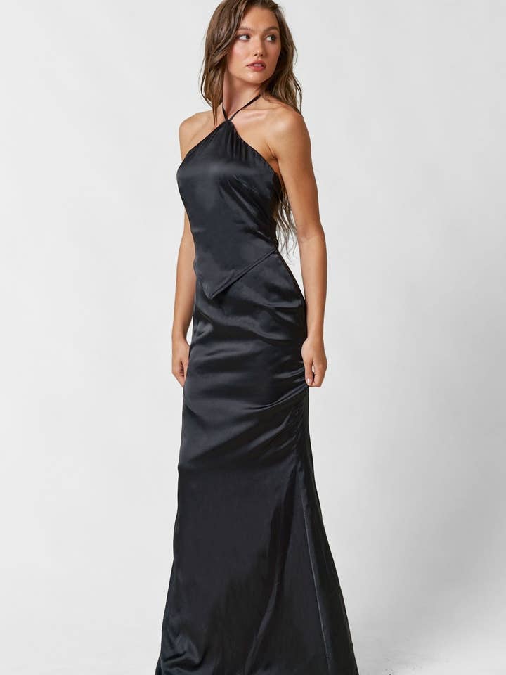 Black IBD30018 Satin Halter Neck Back Tie Prom Midi Dress for wholesale on Faire3