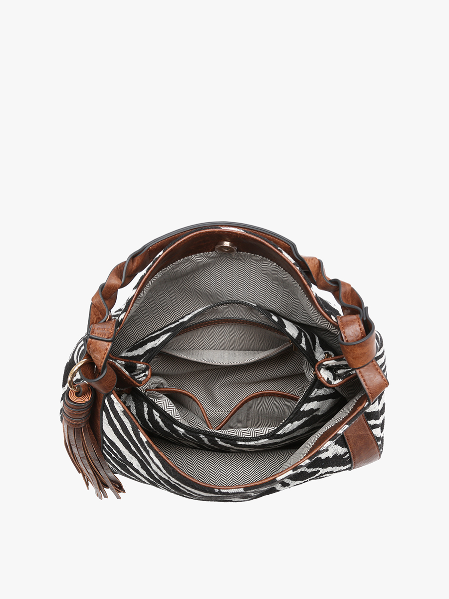 Jen & Co. – wholesale Shoulder bag – women's – M2255 Nori Zebra Printed Hobo w/ Large Tassel4