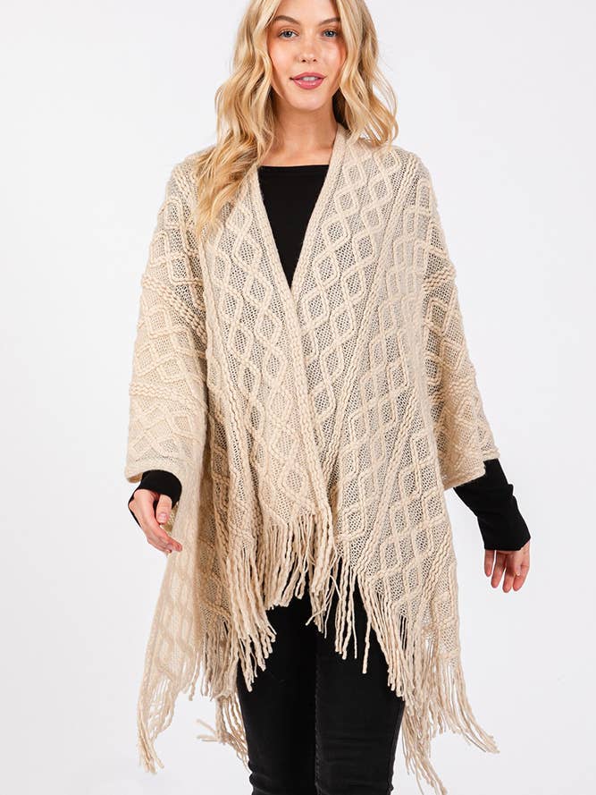 Hana – wholesale Cardigan – Women’s – Diamond Pattern Tassel Knit Ruana Winter Cardigan16