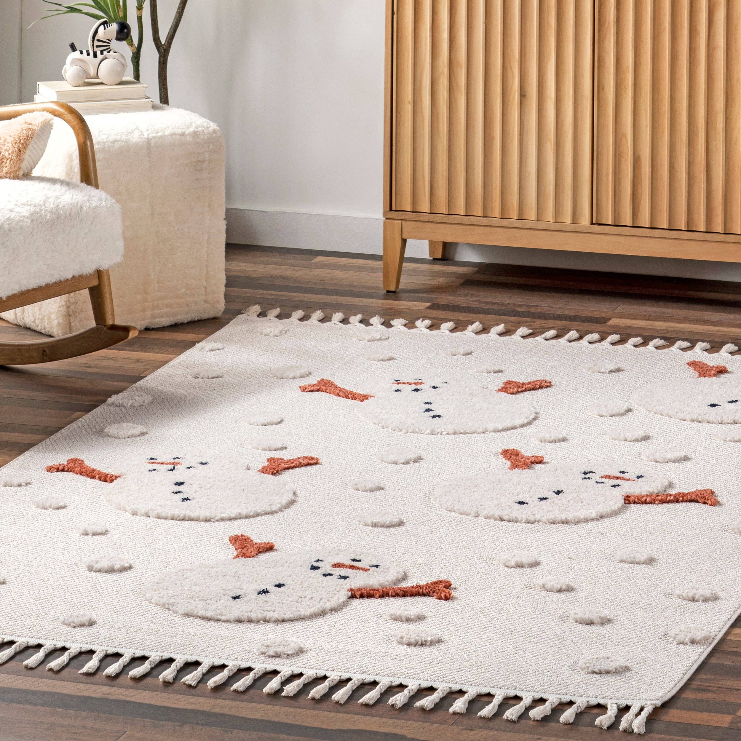 Blanc cassé Tapis à pompons Kilah Snowmen High-Low pour enfants en vente sur Faire7