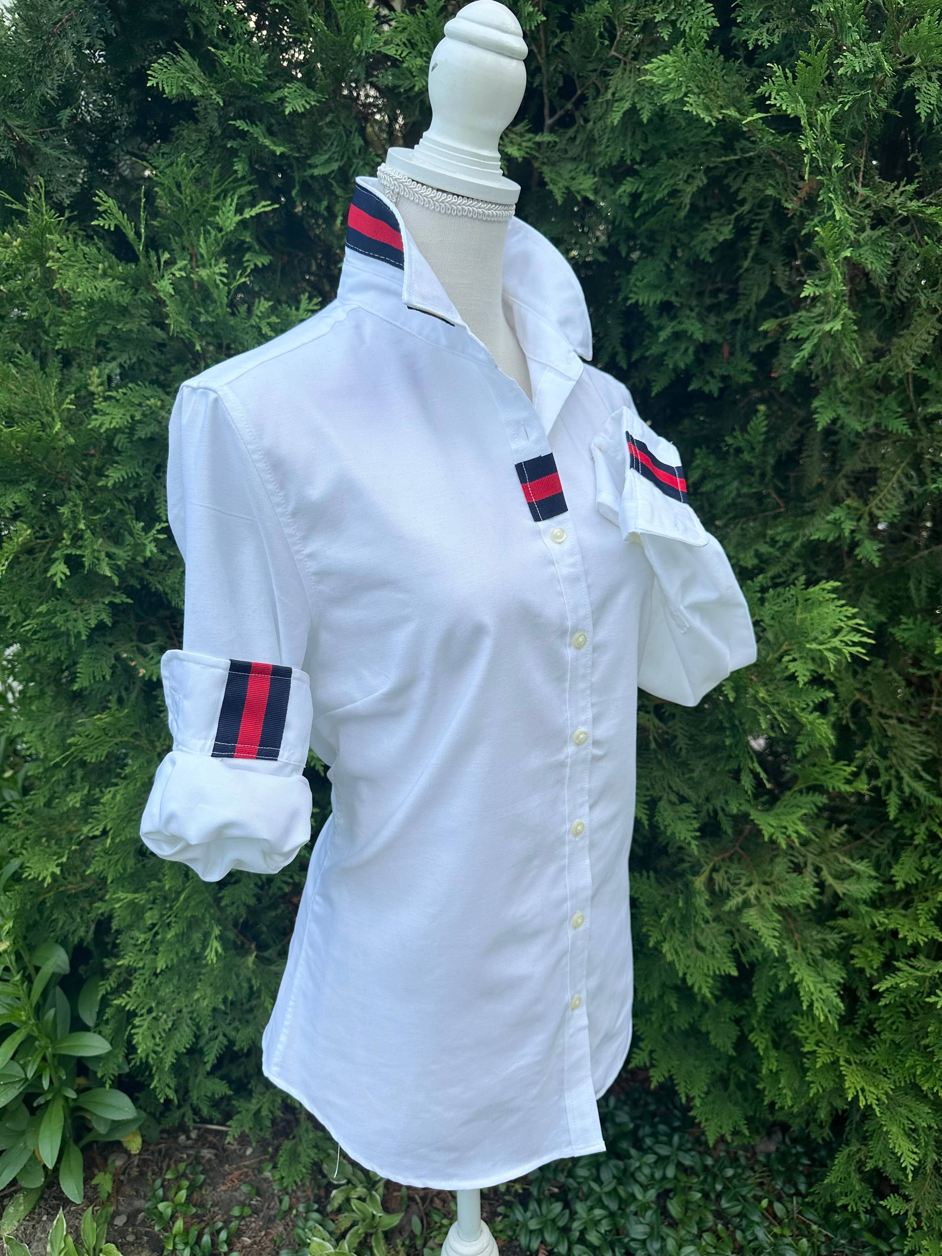 Casie 2 - White Oxford w/Navy & Red Stripe Ribbon  for wholesale on Faire4