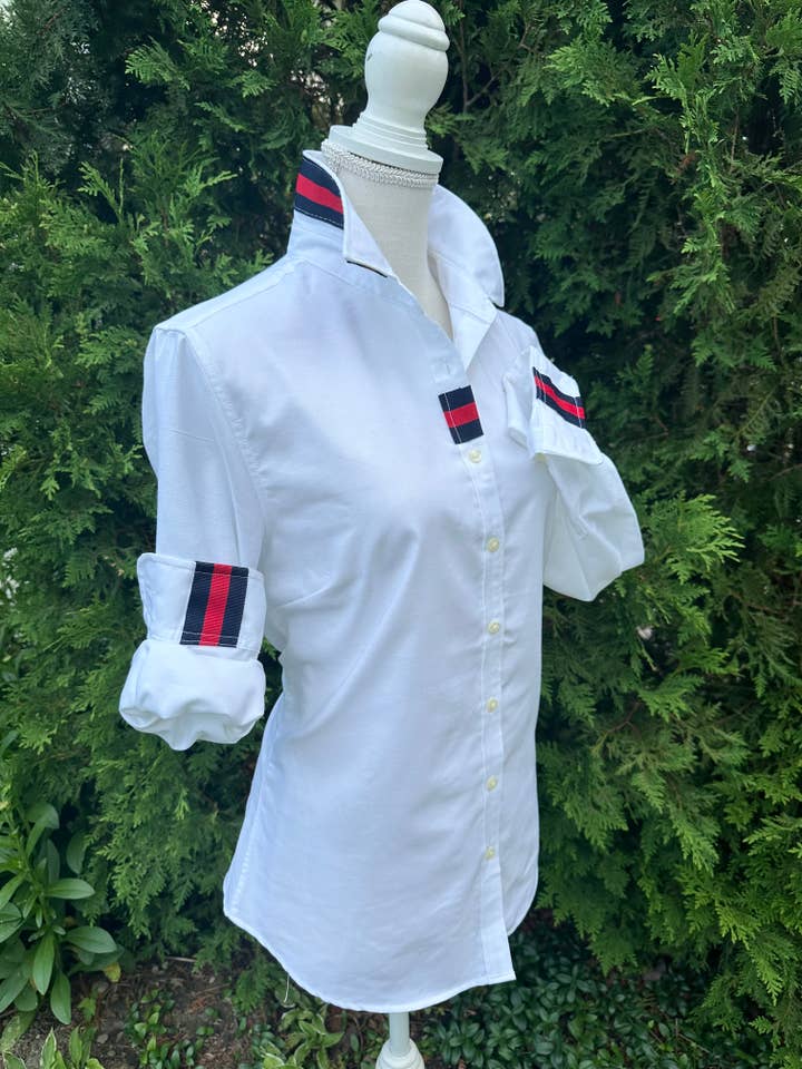 Casie 2 - White Oxford w/Navy & Red Stripe Ribbon for wholesale on Faire4