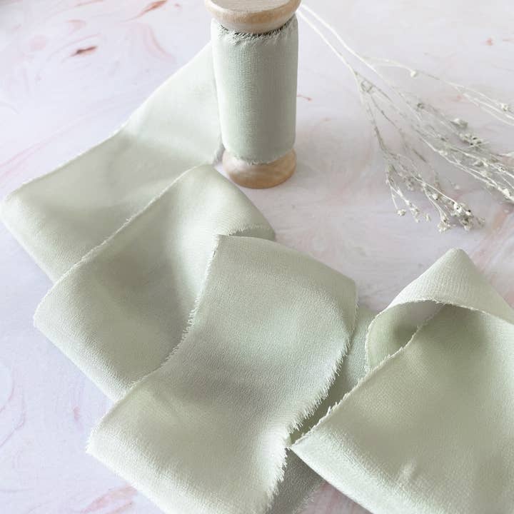 The Natural Paper Company - Wholesale Ribbon - Gift Wrapping - Dusky Sage Green Silk Ribbon | Raw Edge Silk on Wooden Reel