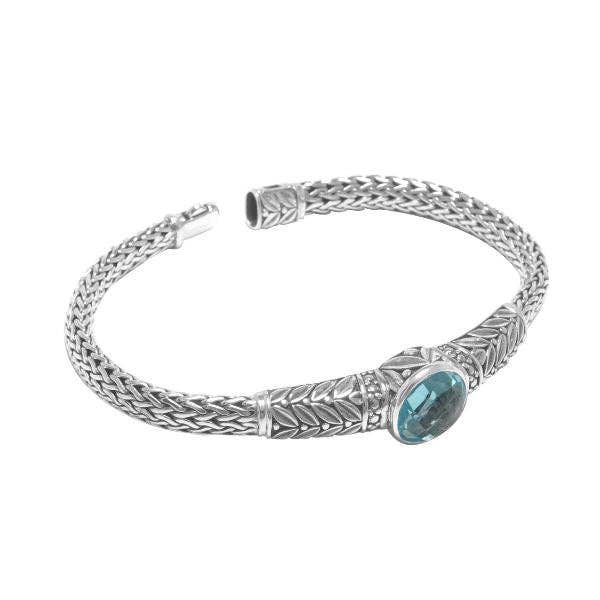 AB-8003-BT Sterling Silver Blue Topaz Quartz Centerpiece Woven Chain Bracelet With Push Clasp And Handcrafted Balinese Textured Leaf Detailing for wholesale by Bali Designs