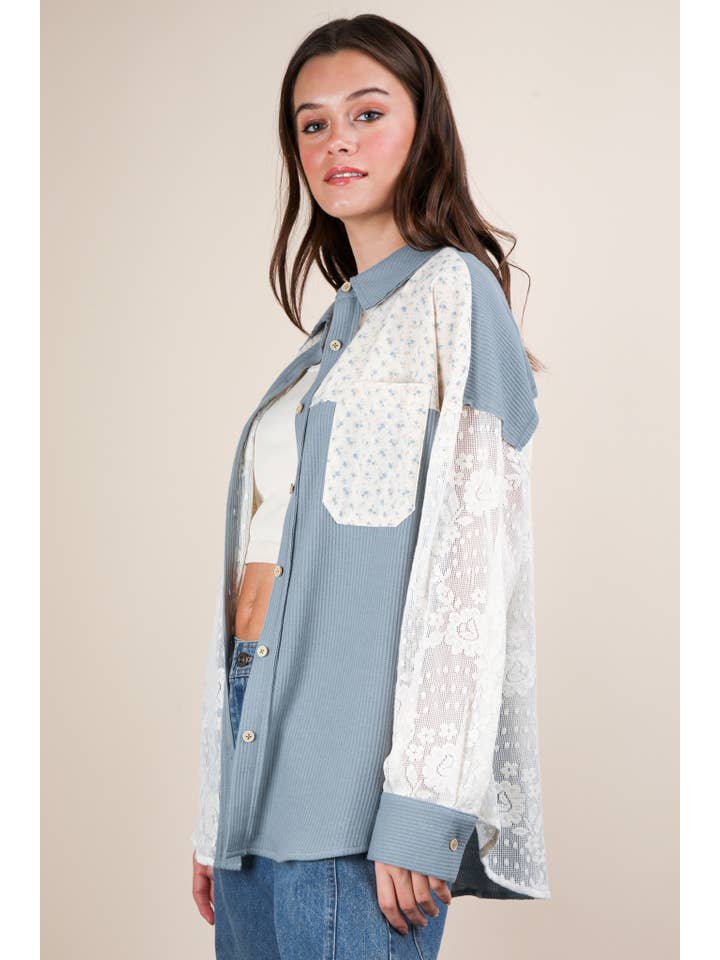 VERY J - Wholesale Shirt Jacket/Shacket - Women's - NT12101-Contrast Ribbed Knit & Lace Shacket Jacket