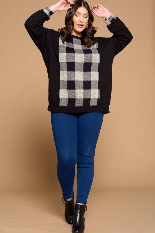 Grey Black ETK-8321-PL Plus Size Buffalo Plaid Tunic Top for wholesale on Faire1