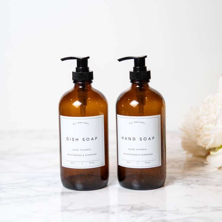 Joie Designs Co. | Refillable Bottles - Wholesale Soap Dispenser - Hand and Dish Soap Bottles - Classic Labels - Glass, Kitchen