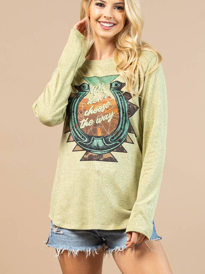 X115-LIVVY HORSESHOE GRAPHIC LONG SLEEVE HACCI TOP for wholesale by Avery