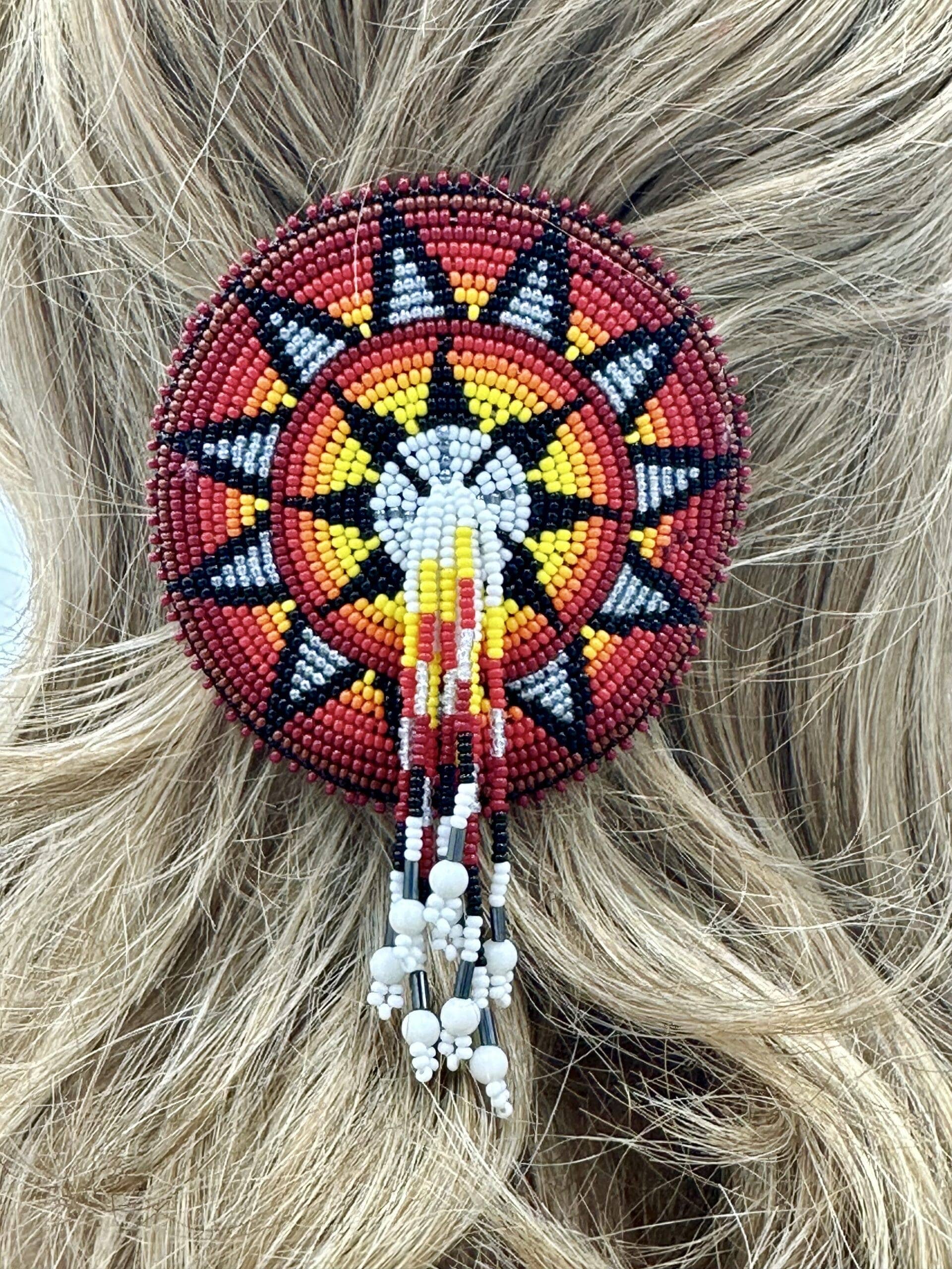 BEADS CORNER – wholesale Barrette – Women’s – Handcrafted Flower Pattern Red Black French Barette with Czech Beads and Suede Leather, 4.5 inch Diameter1