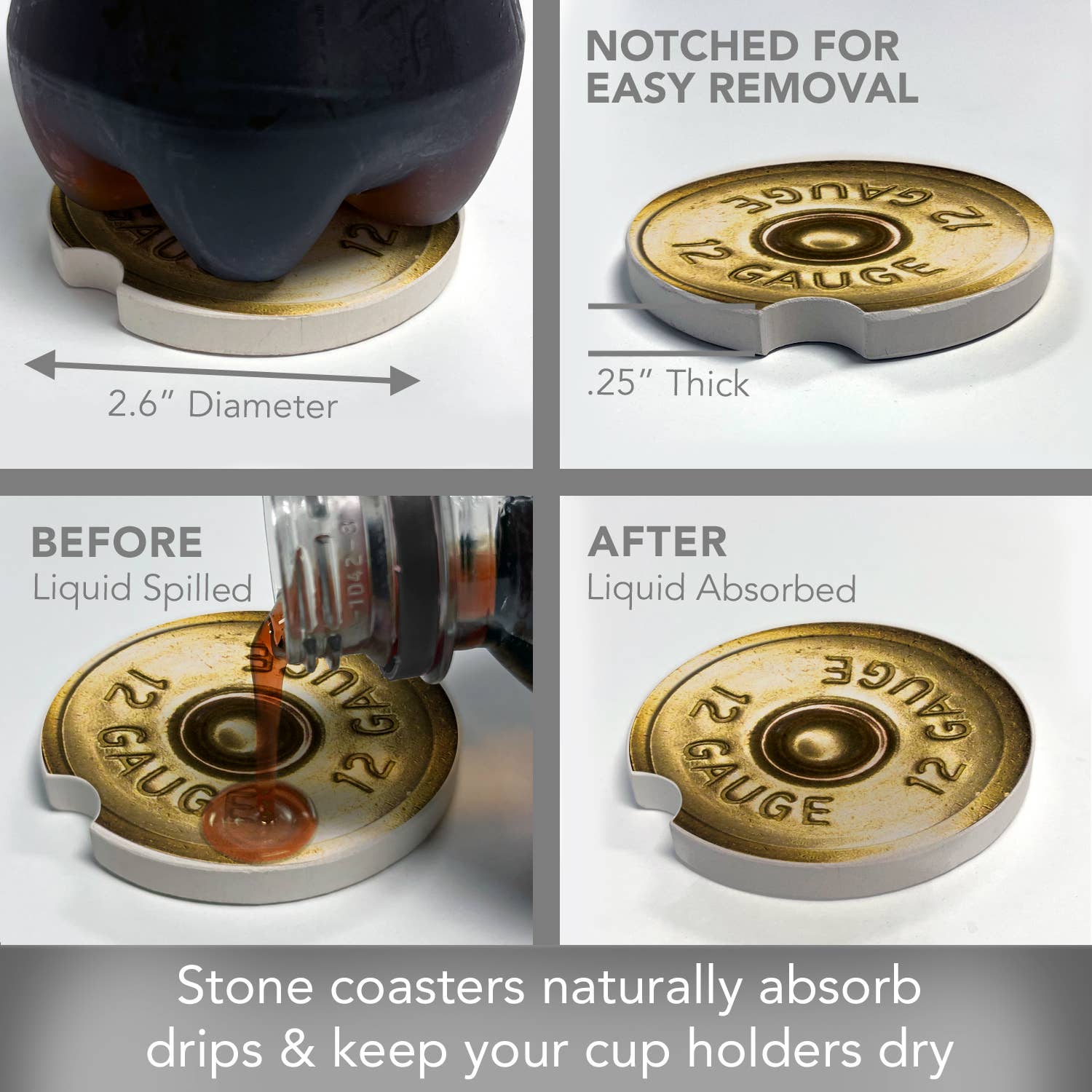 CounterArt/Highland Home/Thirstystone - Wholesale Car Coaster - Unisex - Shotgun Shell Absorbent Stone Car Coaster 1 Pk2