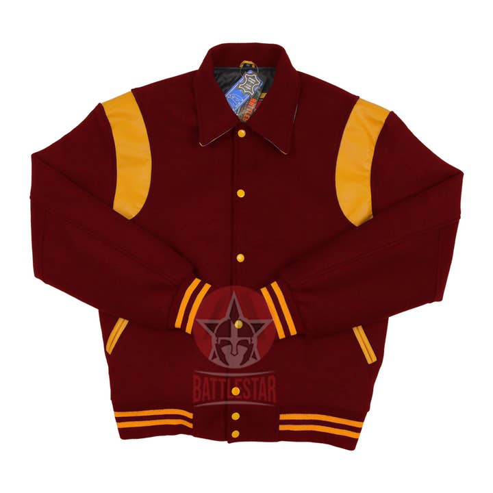 Byron Collar Maroon Wool Gold Yellow Leather Stripes Varsity for wholesale by Battlestar Clothing & Gear Co