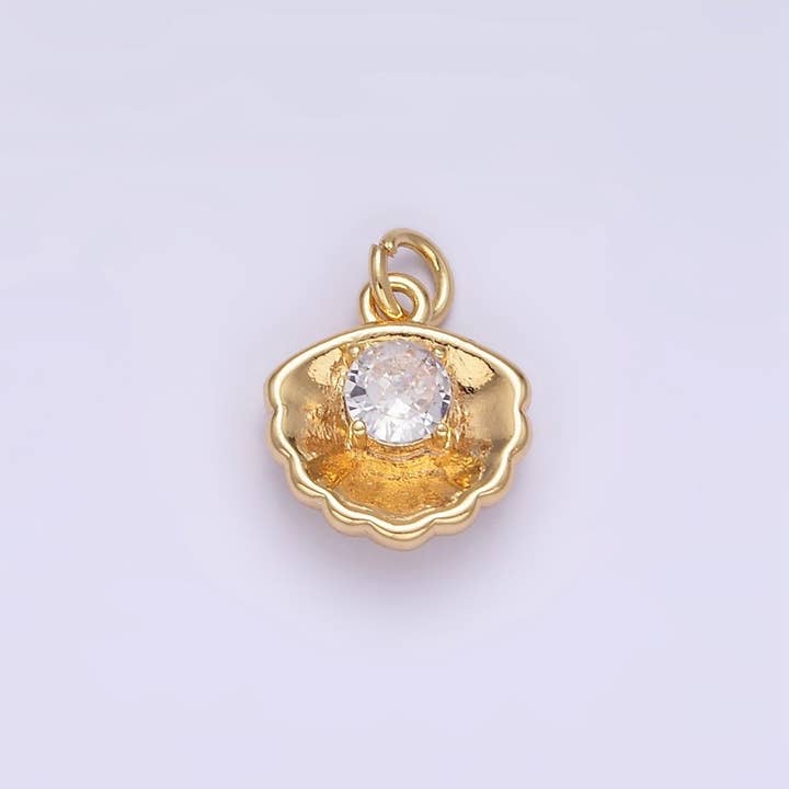 24K Gold Filled Clear CZ Clam Shell Mini Charm | AG844 for wholesale by Aim Eternal