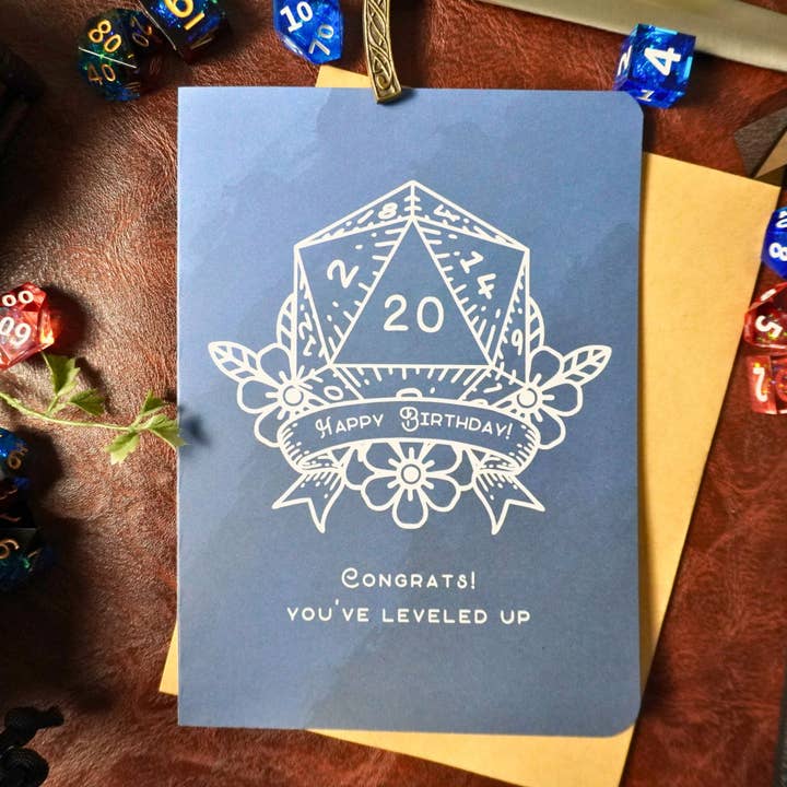 Minva Tabletop Design Co - Wholesale Birthday Card - D20 Leveled Up DnD Birthday Card