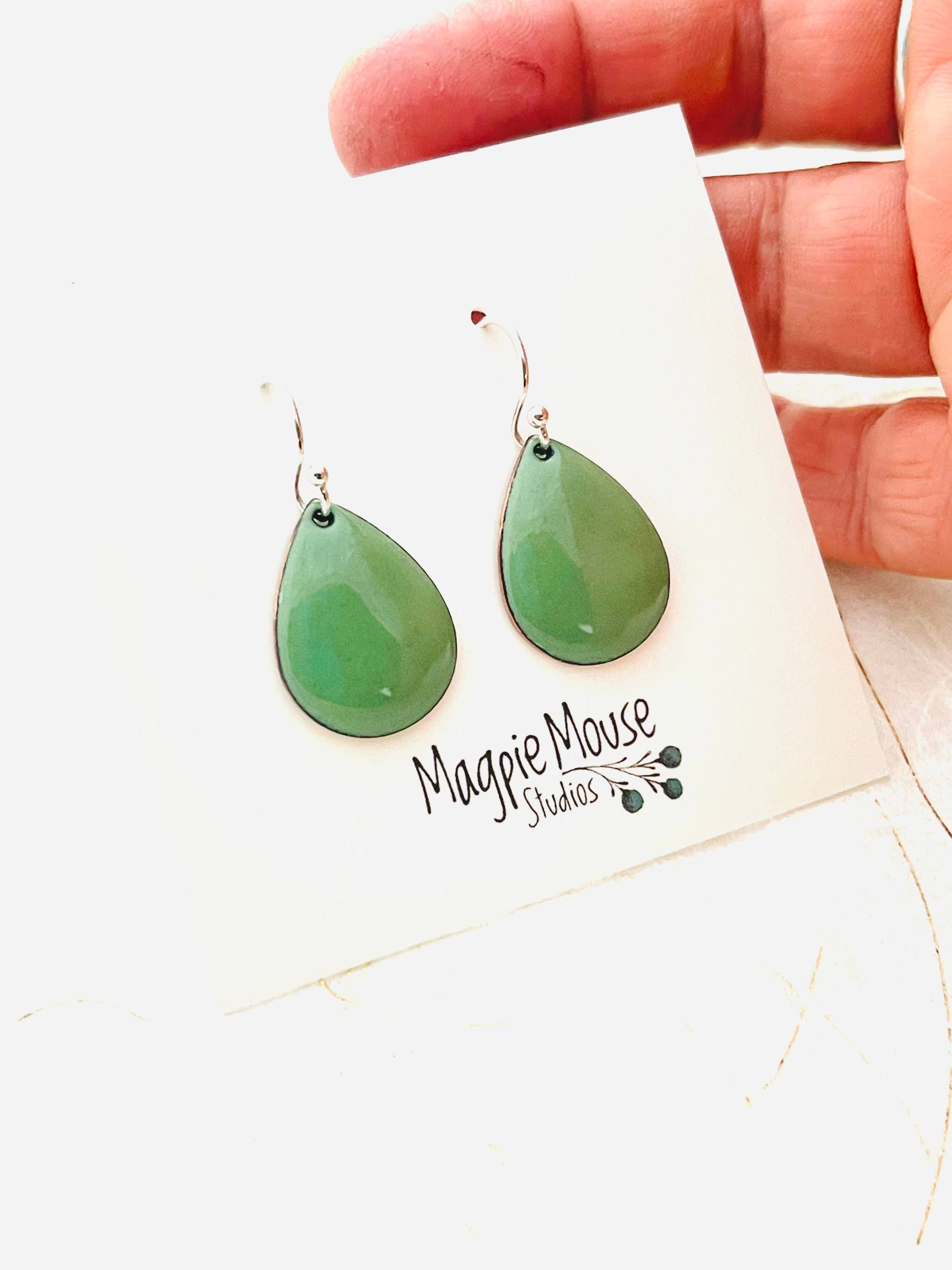 Magpie Mouse Studios – wholesale Dangle earrings – Small Teardrop Earrings, Willow Green Enamel Earrings1