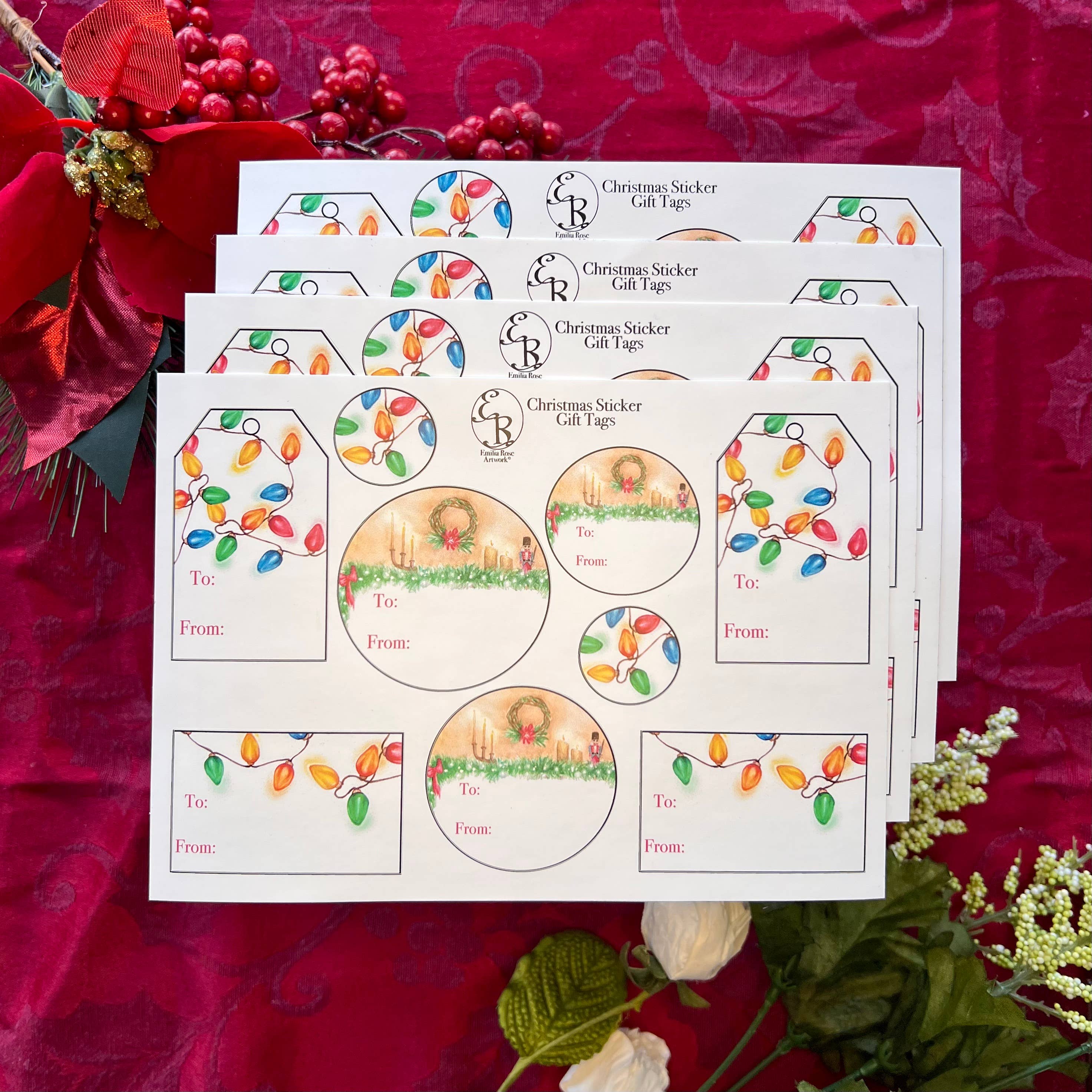 Emilia Rose Artwork LLC - Wholesale Gift Tag Label - Watercolor Christmas Lights Gift Tag Sticker Sheet1