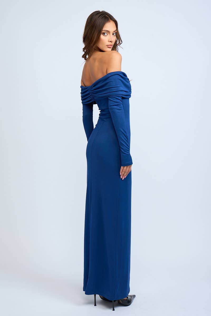 Sky to Moon - Wholesale Dress - Women's - OFF-SHOULDER LONG SLEEVE RUCHED FIT-IN MAXI DRESS9