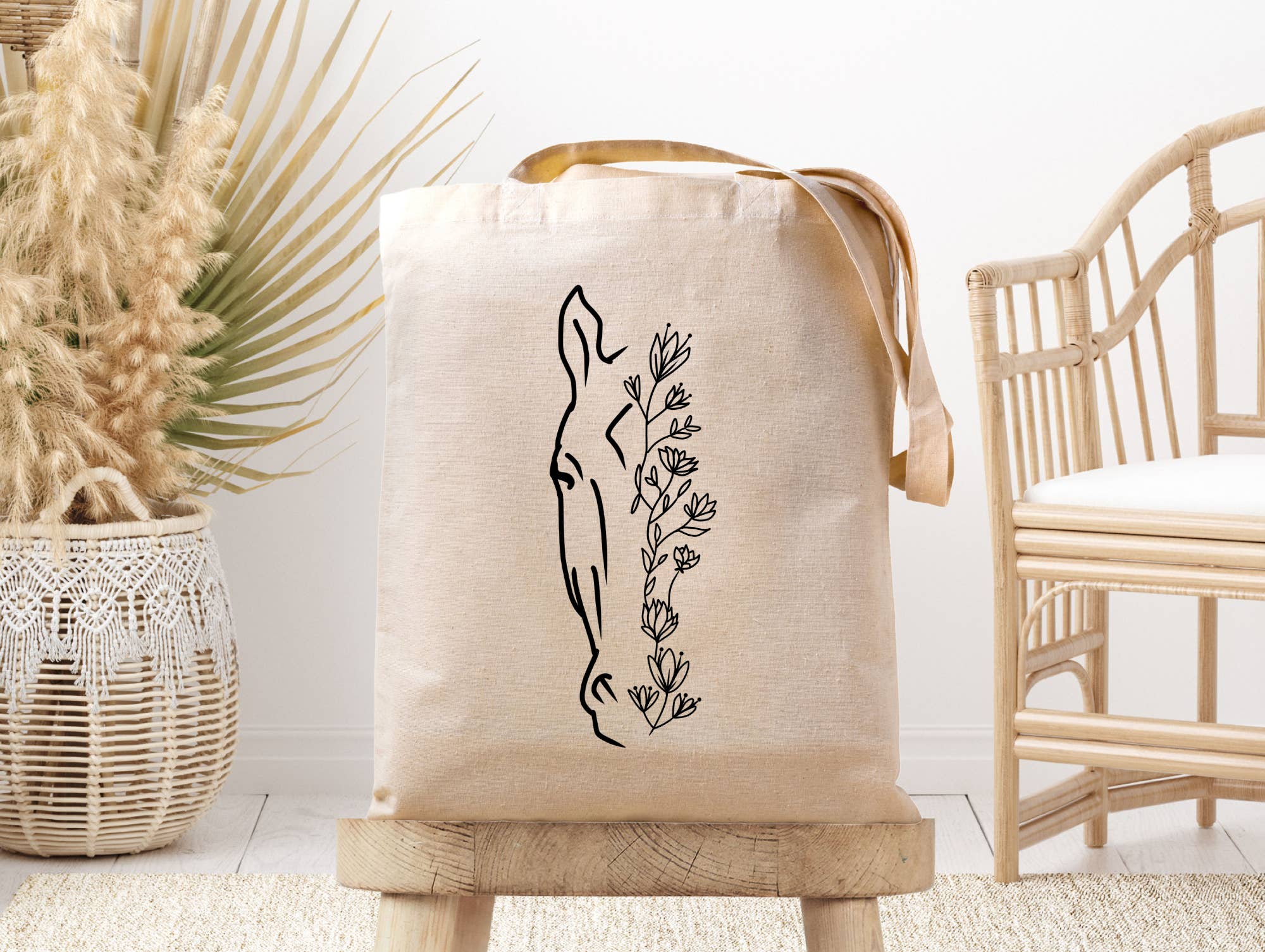 Dark Horse Dream Designs LLC – wholesale Bärkasse - Dam – Blommig hästhuvud -linjeteckning- tygväska i duk