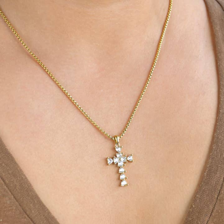 Blueyejewelry - Wholesale Pendant/Charm Necklace - Long Diamond Cross Necklace with Heart Shaped Stones8